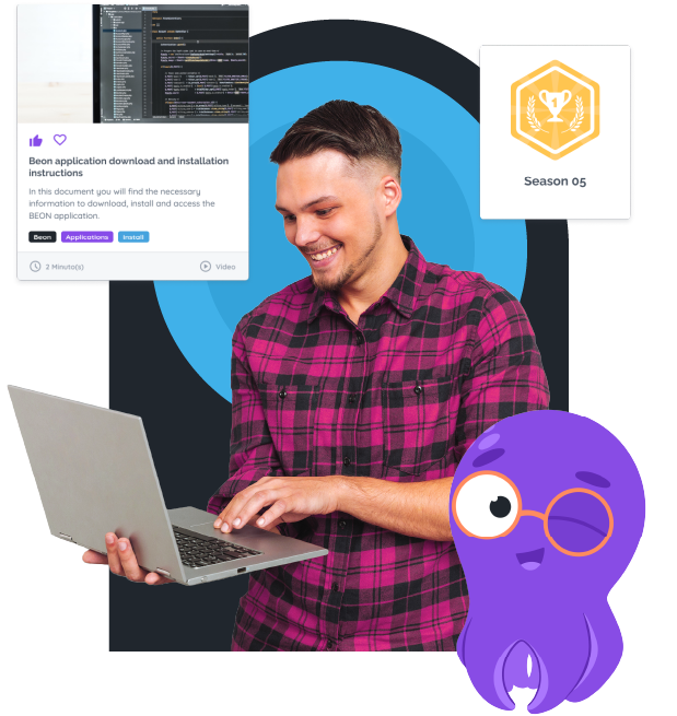 Man using BRAIN LMS, viewing learning paths and badges earned upon completion