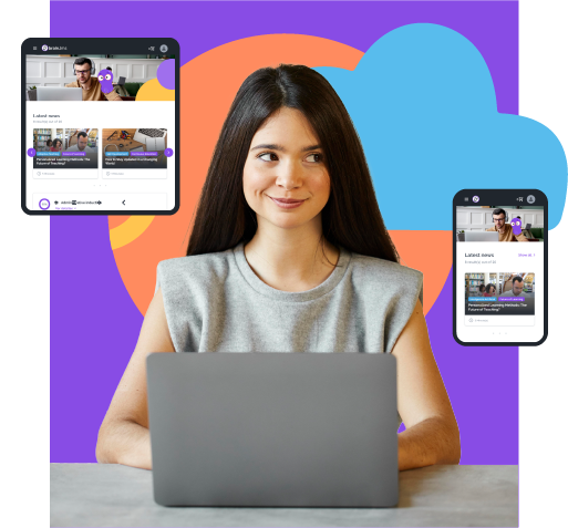 Woman using BRAIN LMS on multiple devices, showcasing cloud-based accessibility